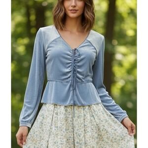 Blue Velvet Ruched Lace Up Peplum Long Sleeve Top Women's Size 4 Renfair